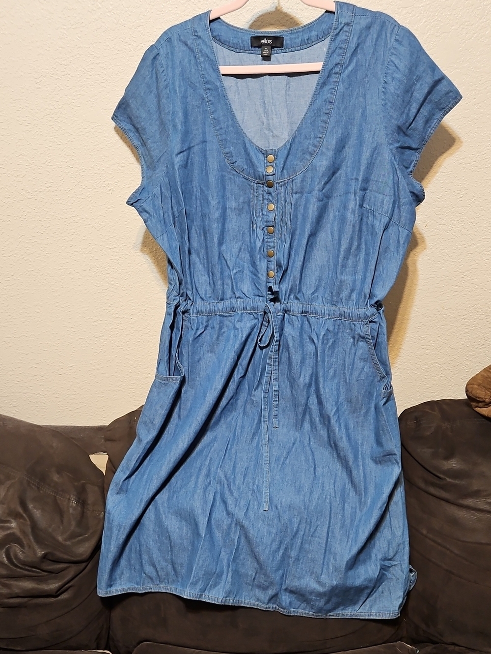 ellos Light Blue Chambray Drawstring Midi Dress